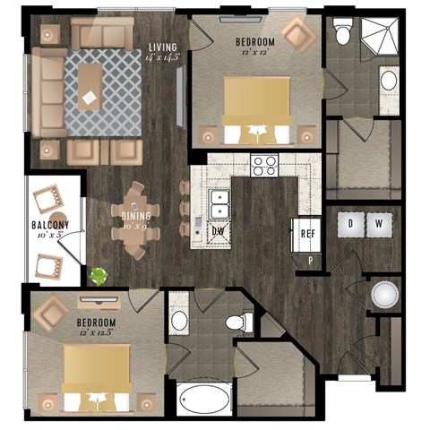 A floor plan of a house with a living room, two bedrooms, a dining room, a kitchen, a balcony, and a den.